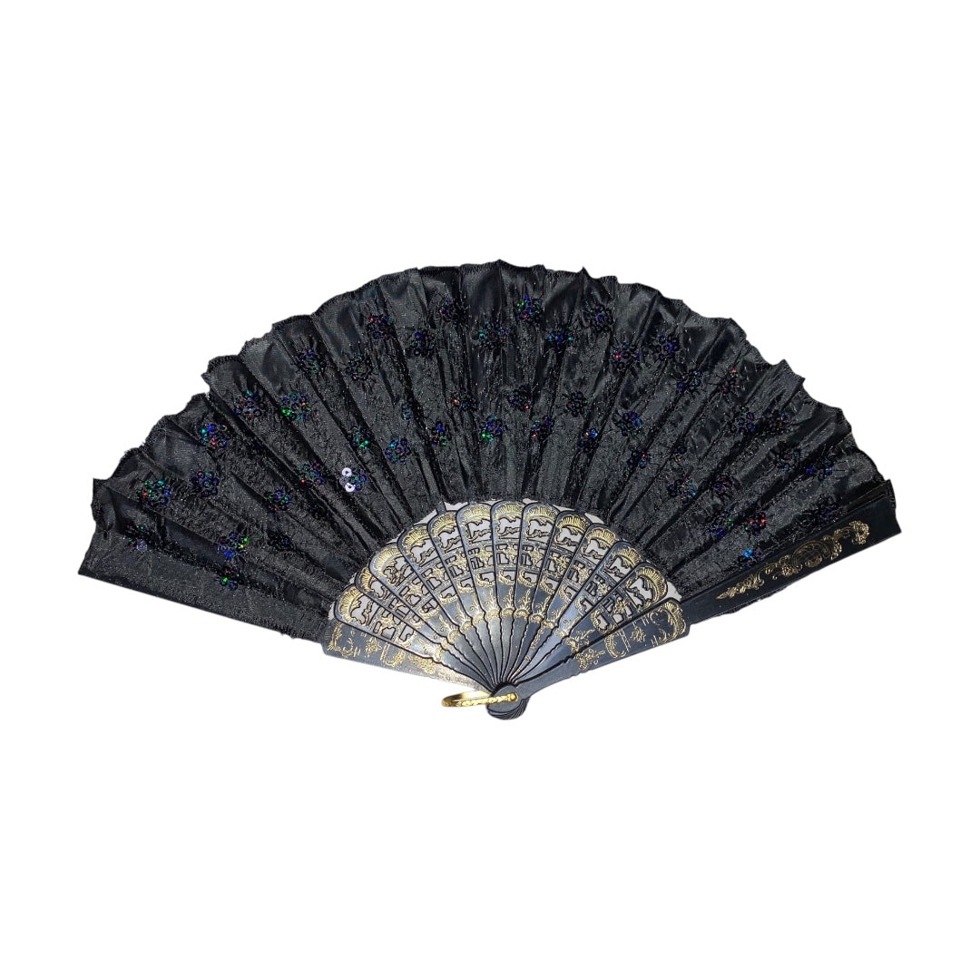 12 Abanico Negro Plastico Lentejuela