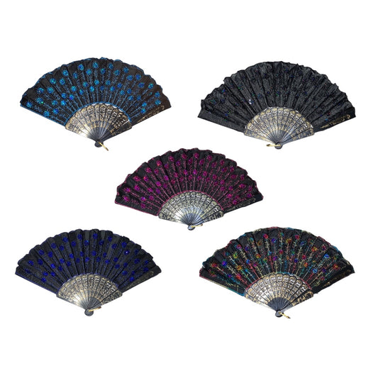 12 Abanico Negro Plastico Lentejuela