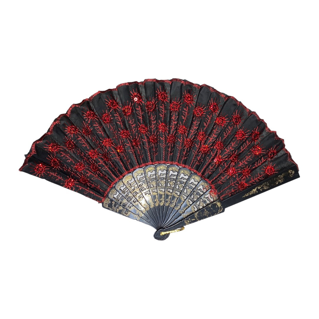 12 Abanico Negro Plastico Lentejuela